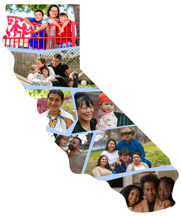 A collage of faces of diverse Californians superimposed over a map of the state