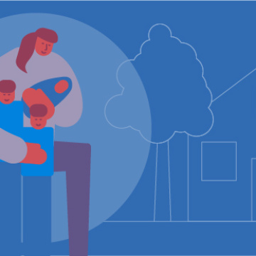 An illustration of a woman (Martha) with her children outside of a safe home