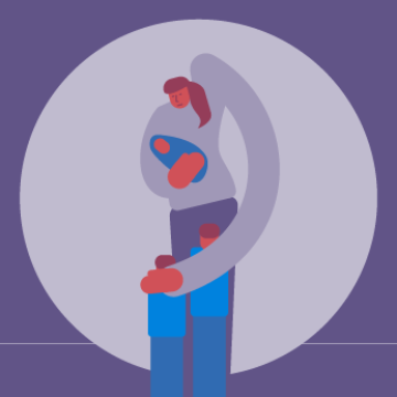 An illustration of a woman standing in a room, holding an infant, while her smaller children cluster around her. The mood is melancholy and fearful.