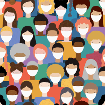 A collage of men and women wearing masks