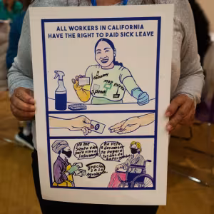 A poster designed by a domestic worker that illustrates workers with dignity and workers educating their employers about their right to paid sick leave.