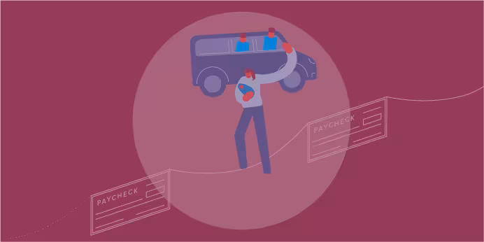 An illustration of a woman carrying a car with her two children in it