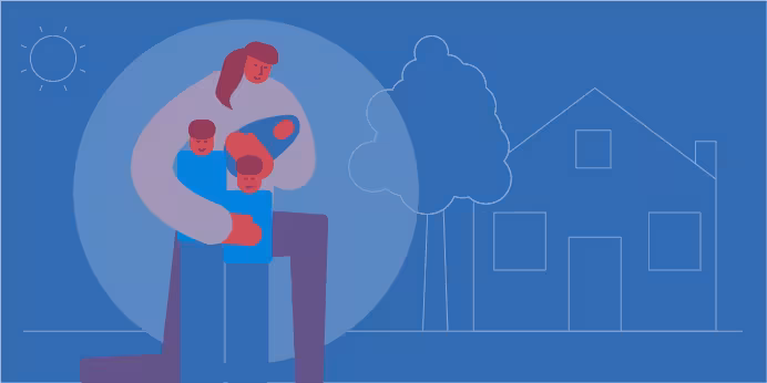 An illustration of a woman (Martha) with her children outside of a safe home