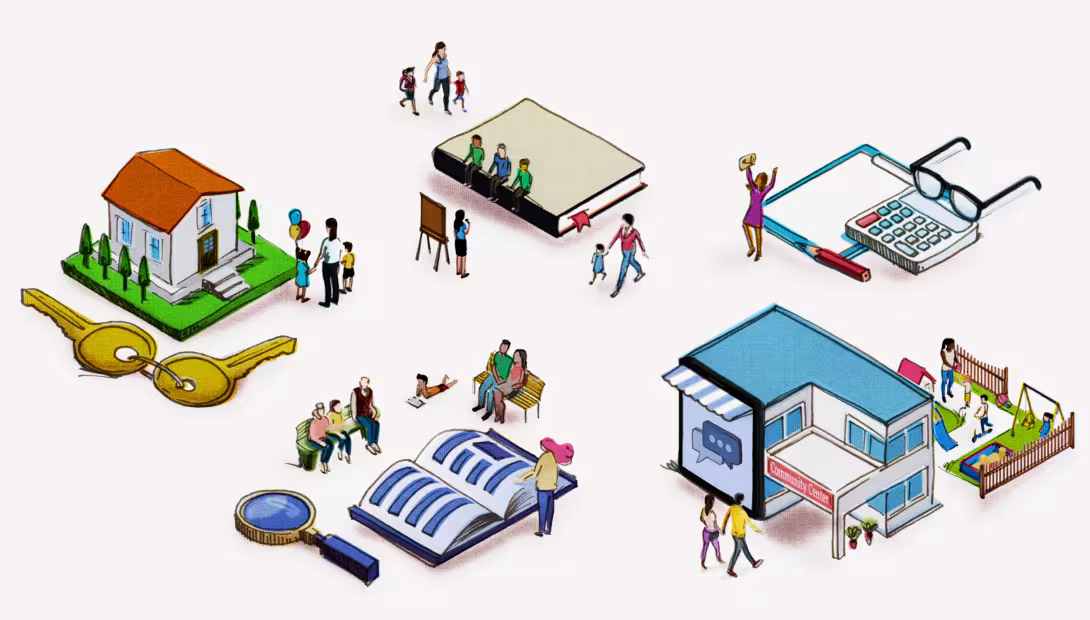 An illustration that shows scenes from communities of the future