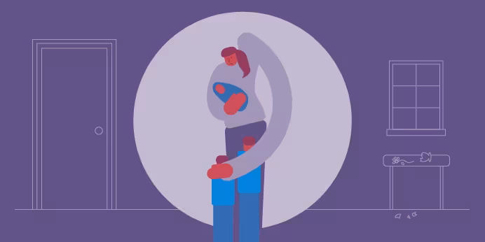 An illustration of a woman standing in a room, holding an infant, while her smaller children cluster around her. The mood is melancholy and fearful.